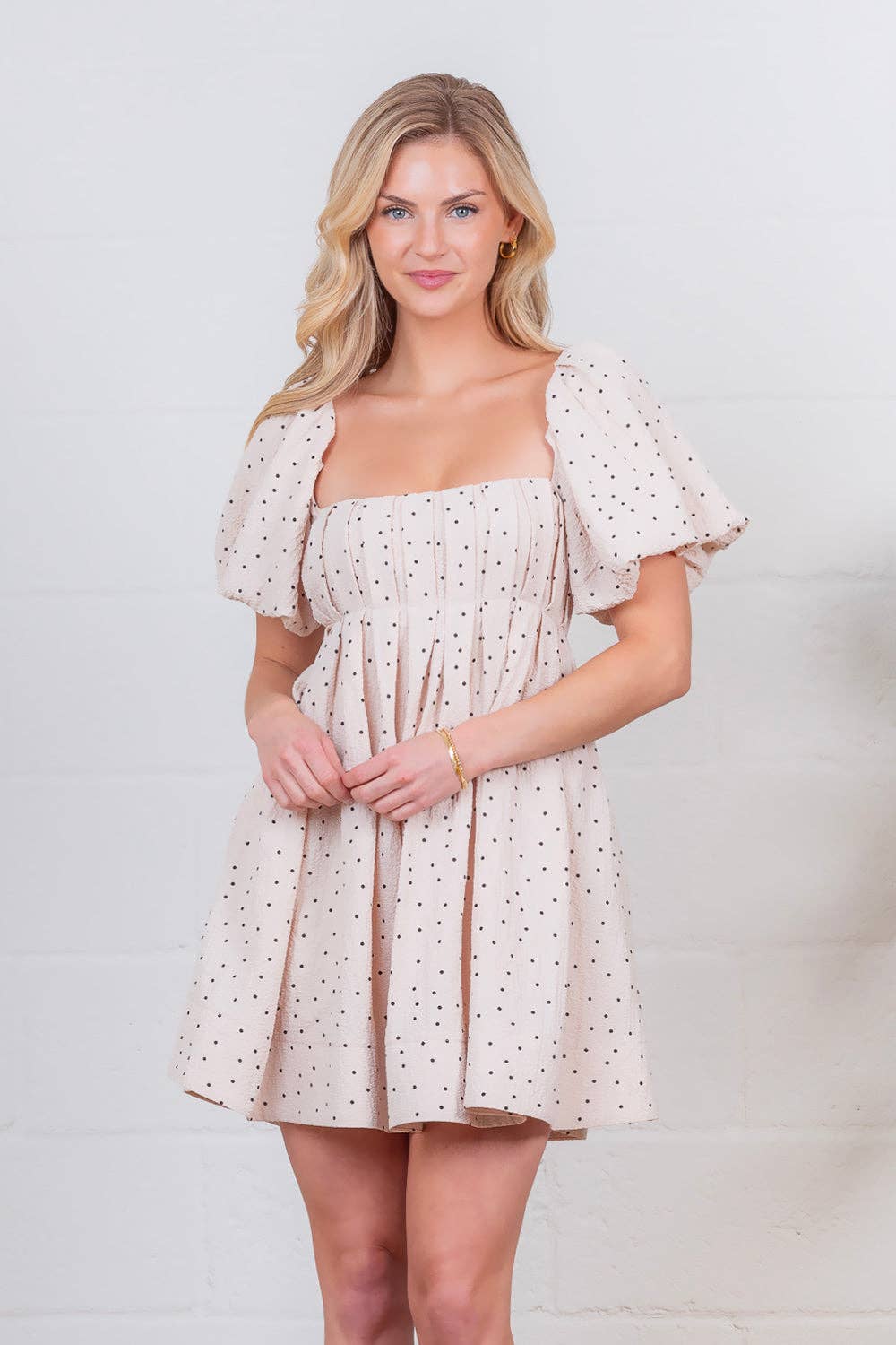 Taelynn - ZD48798T-Square neck short balloon sleeve back strap dress