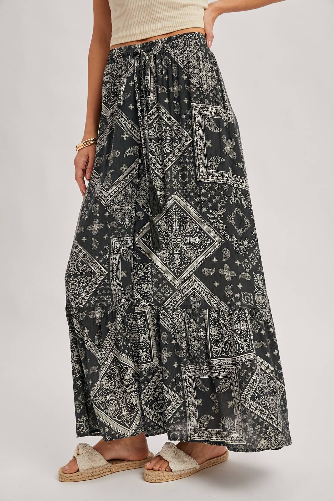 Bluivy - BOHO PRINT TIERED BUTTON DOWN FRONT MAXI SKIRT