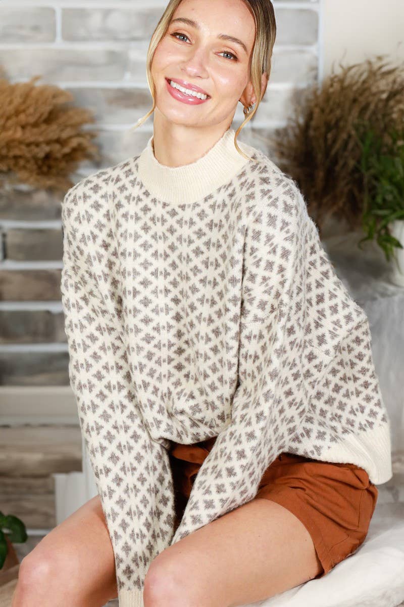Vine & Love - Geometric Pattern Mock Neck Knitted Sweater Top VT81923