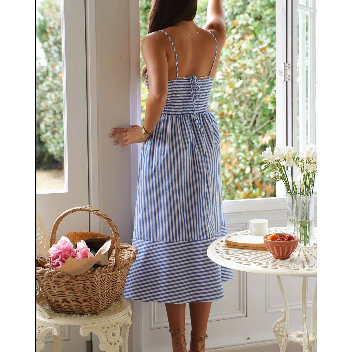 Mapcie - Striped Midi Dress with Smocking on the Back