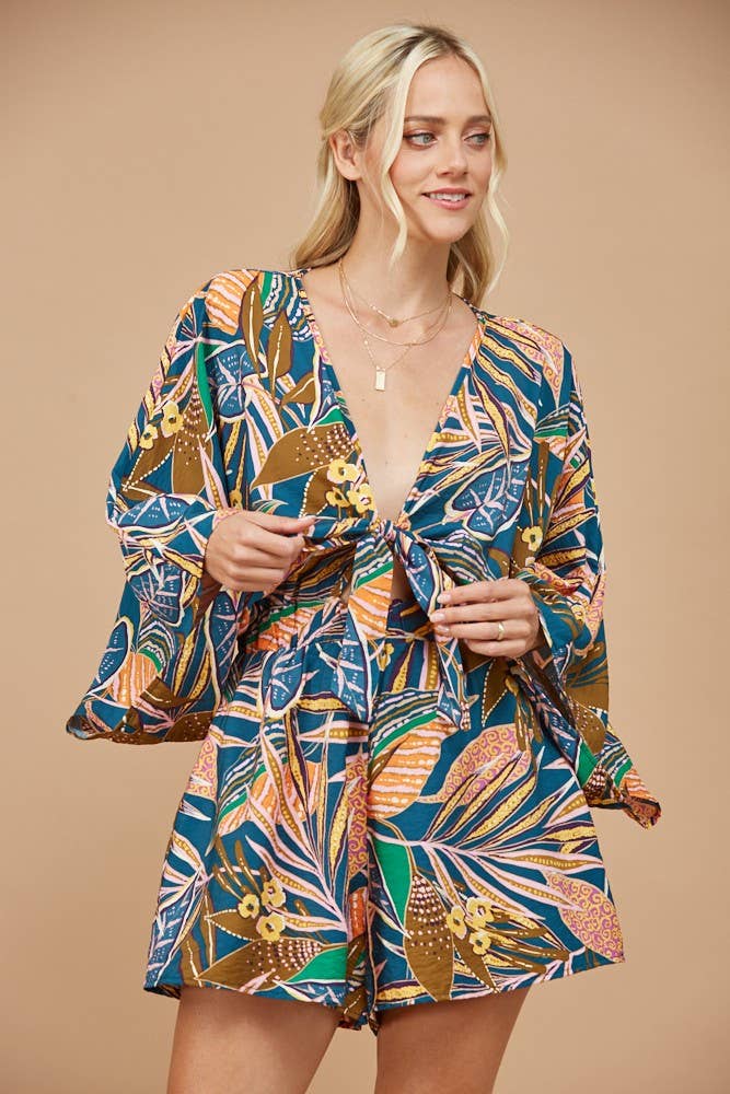 BATWING SLEEVED BOHO TROPICAL PRINT ROMPER 4411RH : IVORY MULTI / L