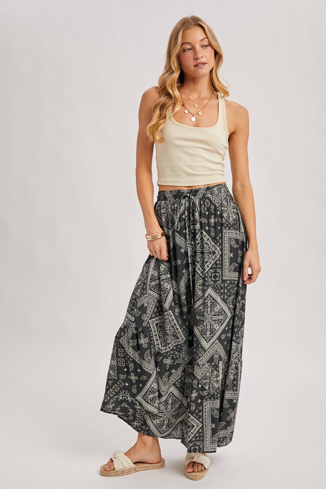 Bluivy - BOHO PRINT TIERED BUTTON DOWN FRONT MAXI SKIRT