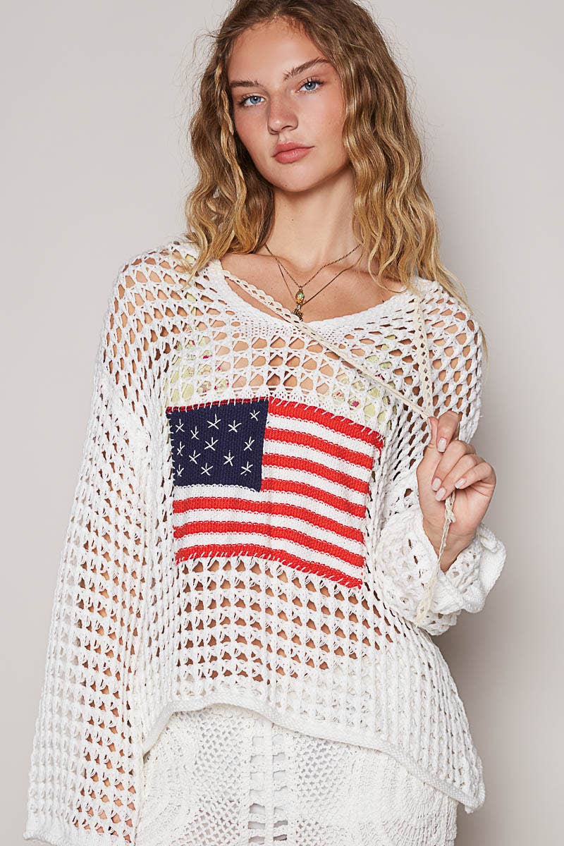 Long sleeve American flag hoodie thin sweater top SALE: SKY BLUE