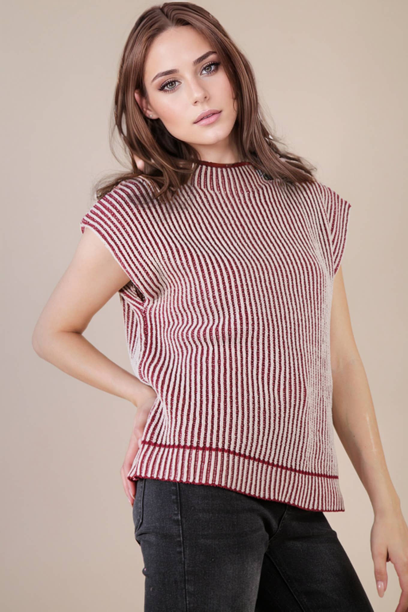 VERY J - 12W3388N-Two Tone Ribbed Knit Sweater Vest