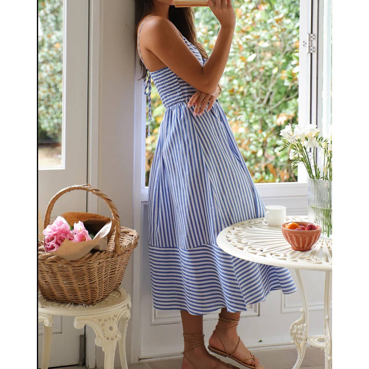 Mapcie - Striped Midi Dress with Smocking on the Back