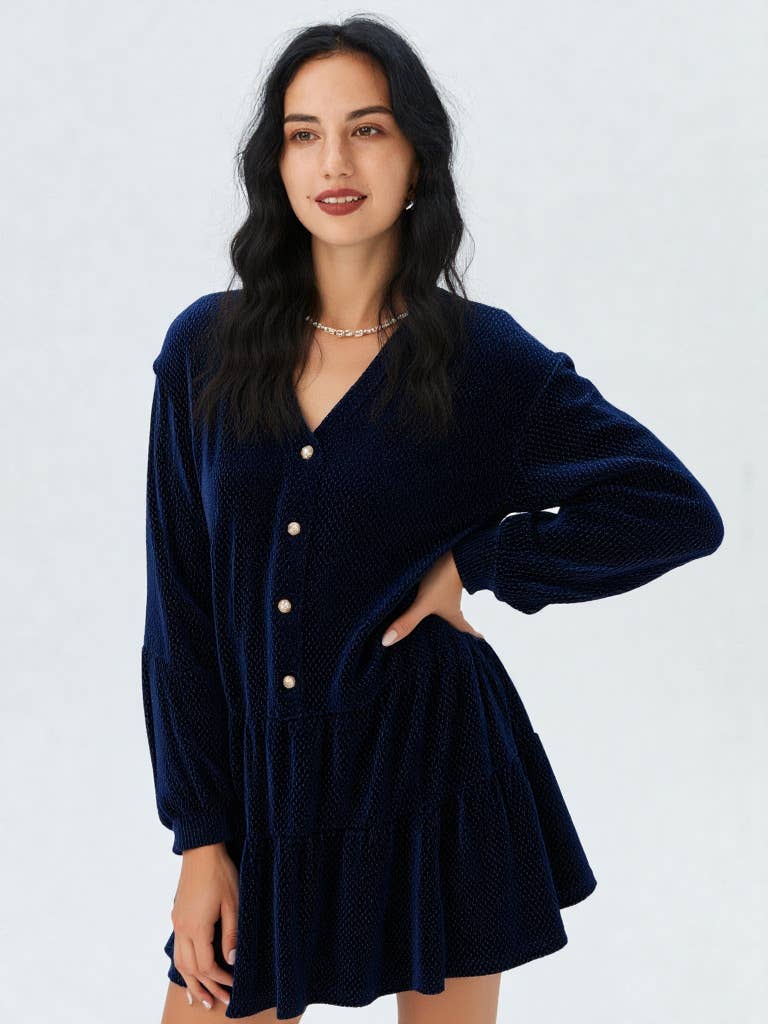 VERY J - ND31003-Tiered Textured Woven Holiday Velvet Mini Dress