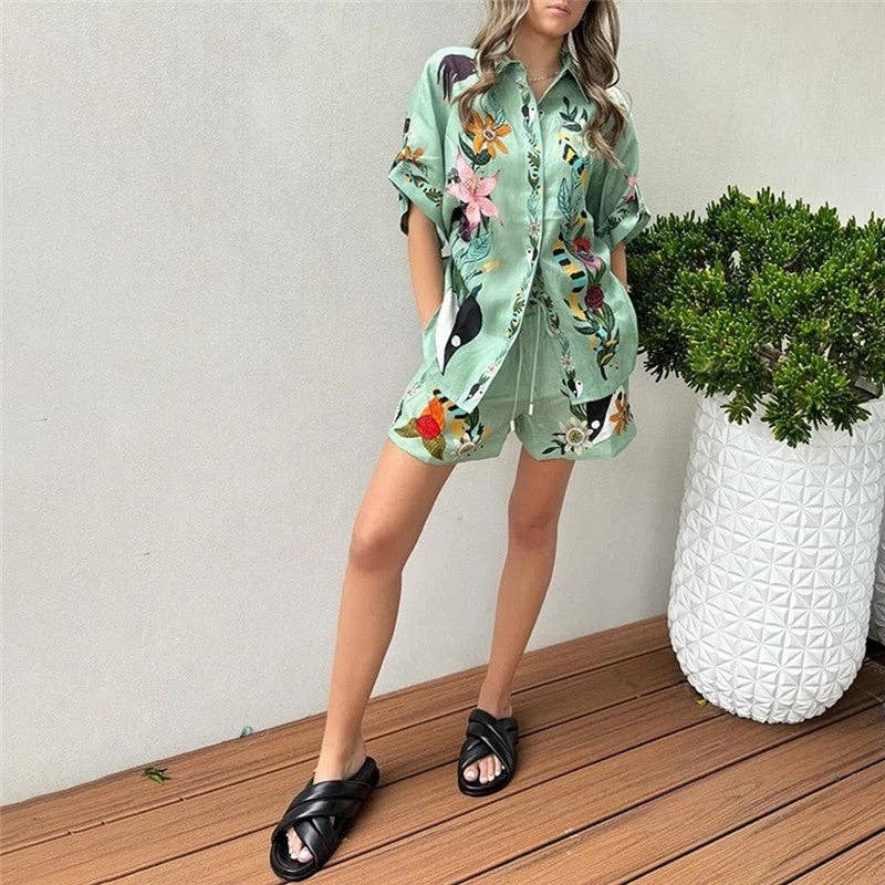 Relaxed Fit Printed Short Sleeve Shirt And Shorts Set: GREEN / XL