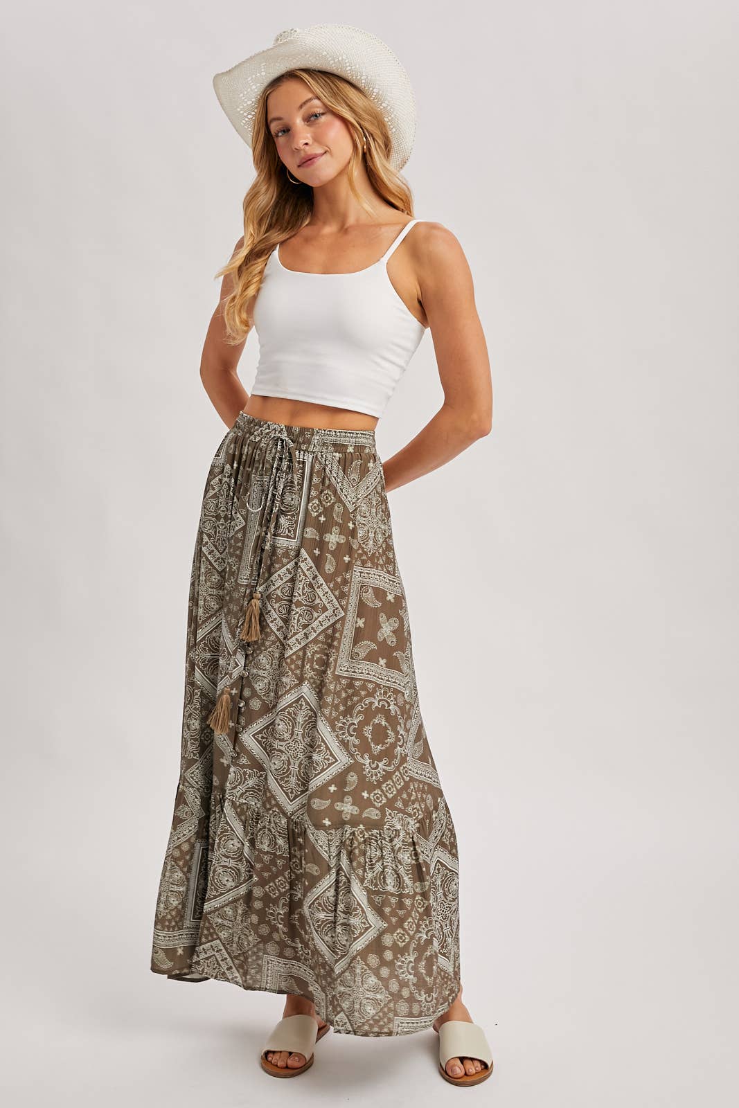 Bluivy - BOHO PRINT TIERED BUTTON DOWN FRONT MAXI SKIRT
