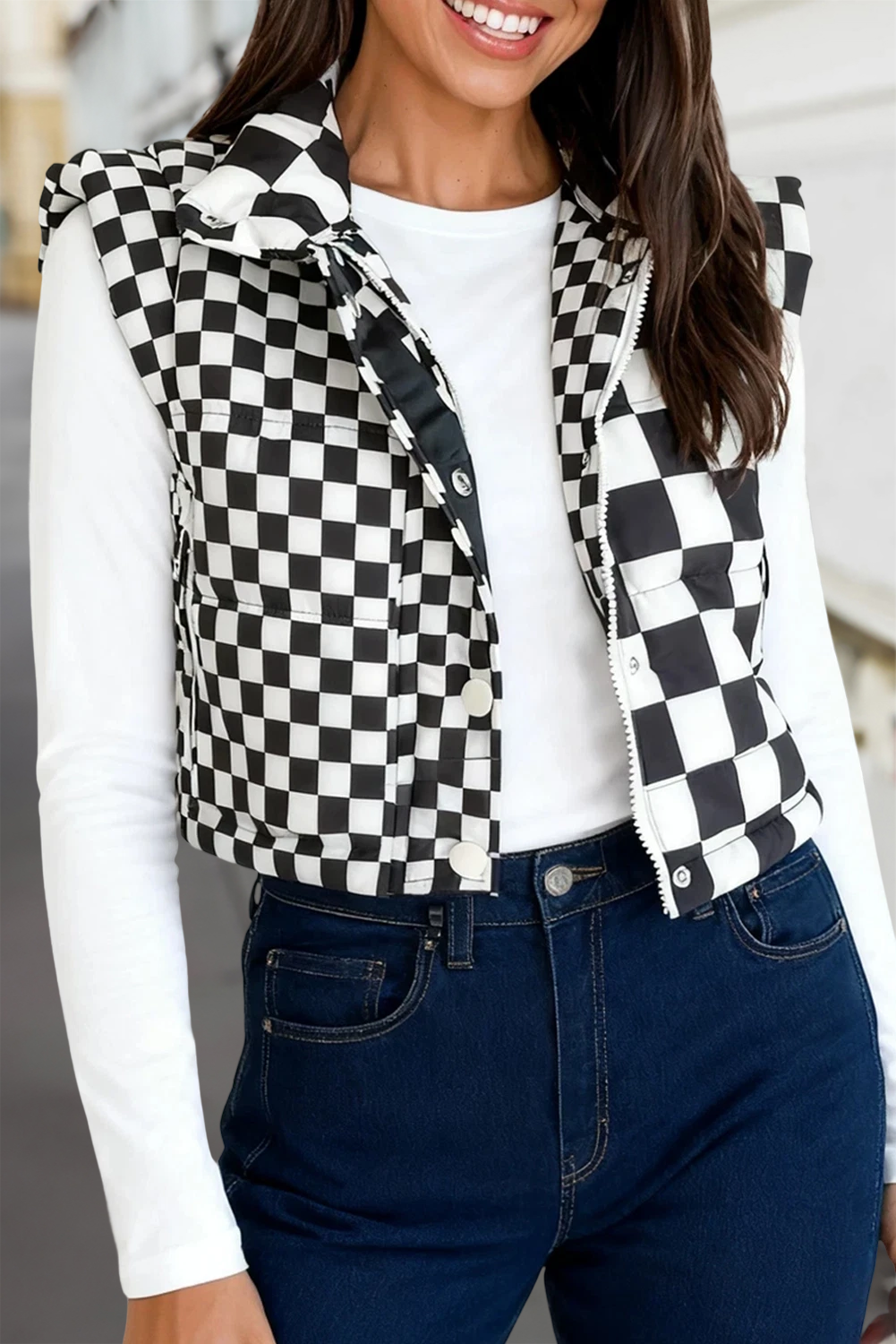 Aapparella - Checkerboard Zip Up Snap Button Puffer Vest | S-XL