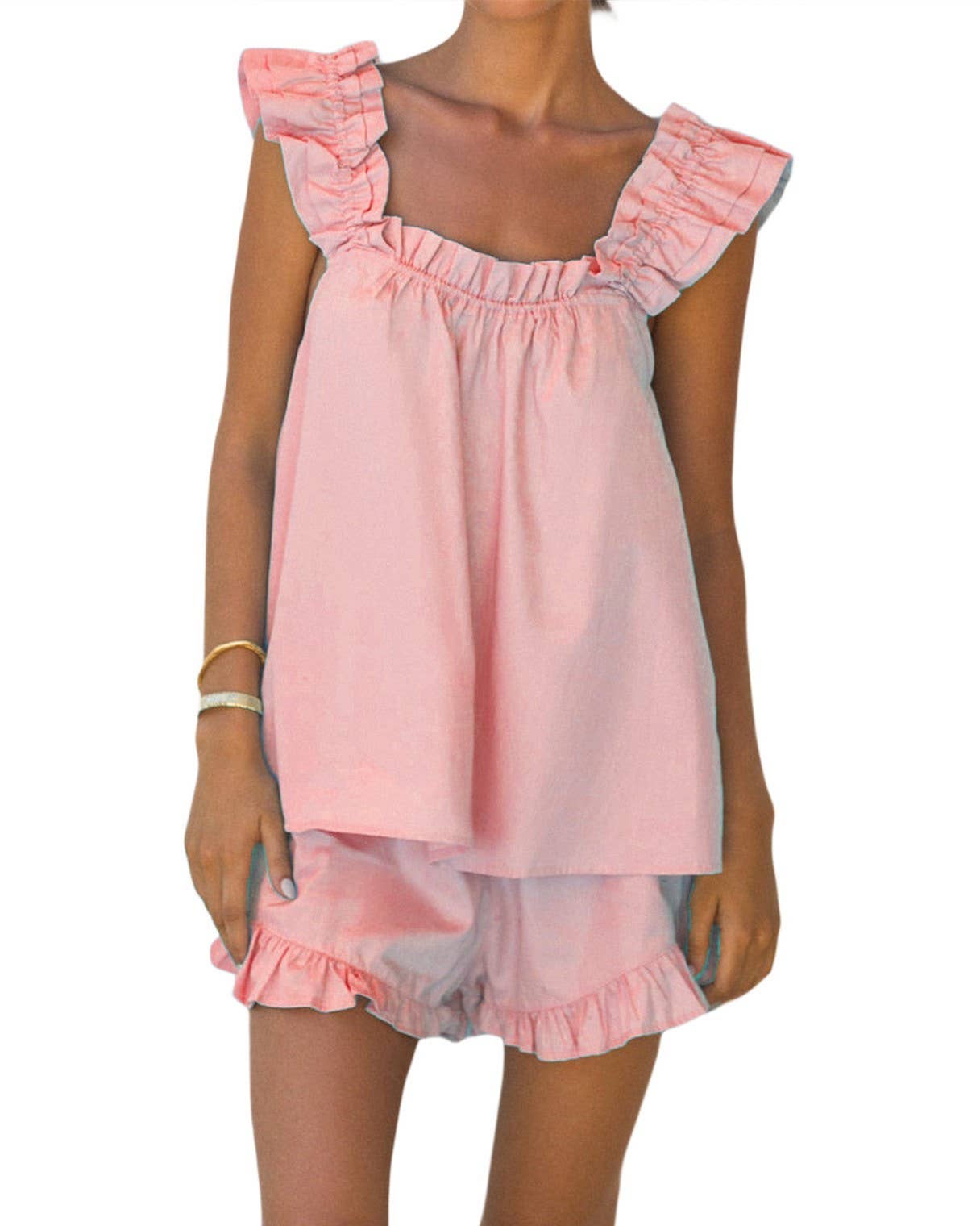 Ruffle Trim Tank Top And Shorts Pajama Set: White / M