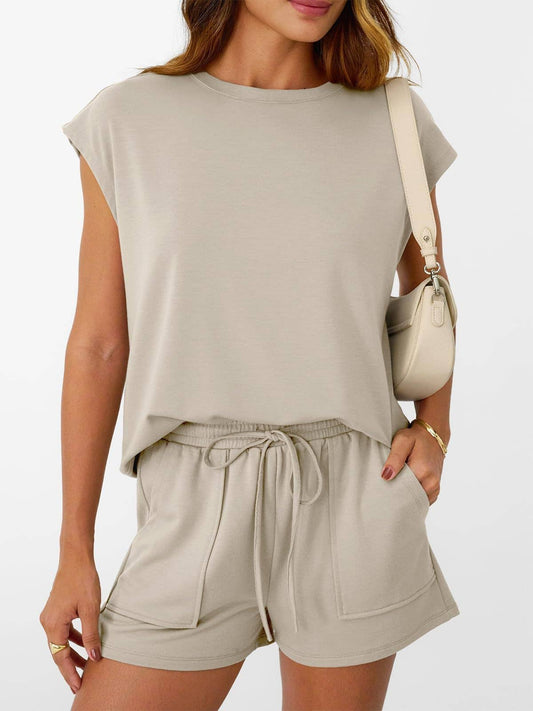 Suhkasana - Casual Lounge Set Cap Sleeve Top Drawstring Shorts