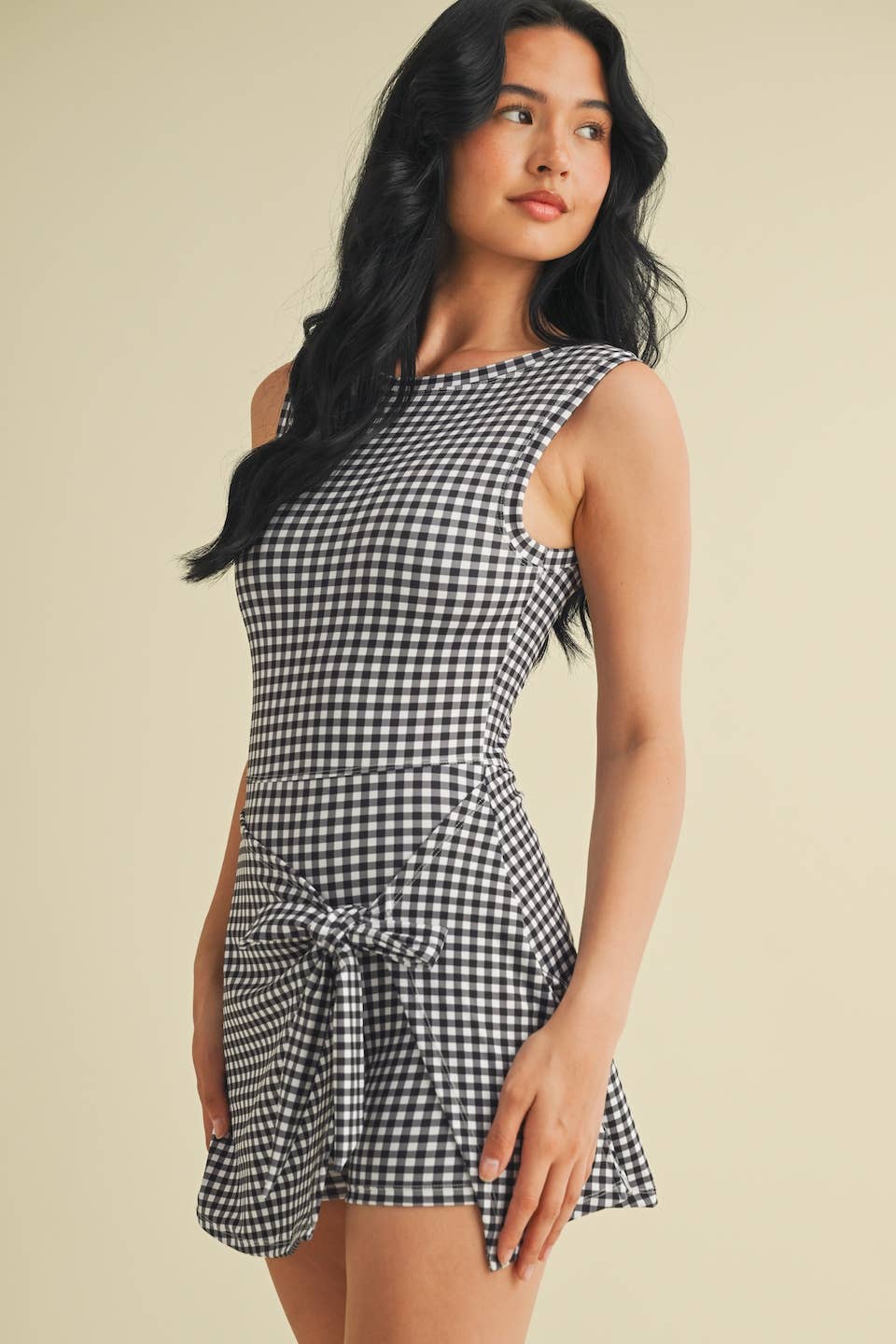 KIMBERLY C - Gingham Print Sleeveless Wrap Tie Front Dress : Black Gingham / L