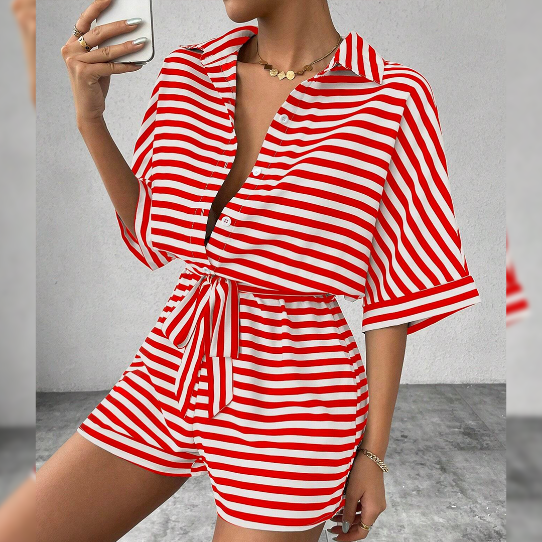 Summer Striped Lapel Button-Up Belted Shorts Romper AXR129: Red / L