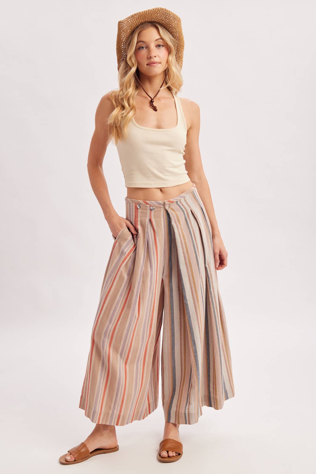 Bluivy - MULTI-STRIPE PLEATED FRONT WIDE-LEG PANTS