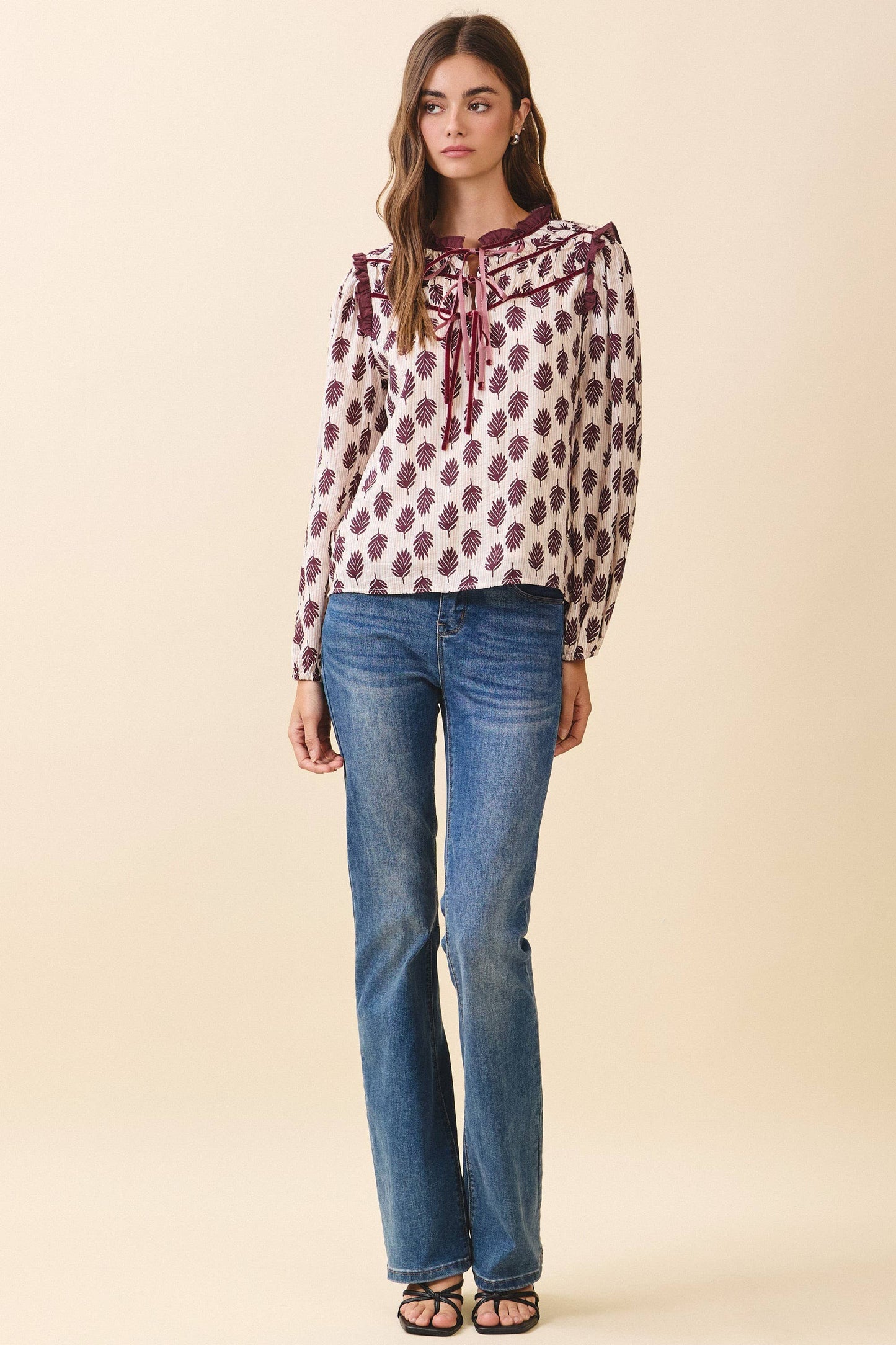 TCEC - CT9675-Leaf Print Ruffled Collar Front Tie Detail Blouse