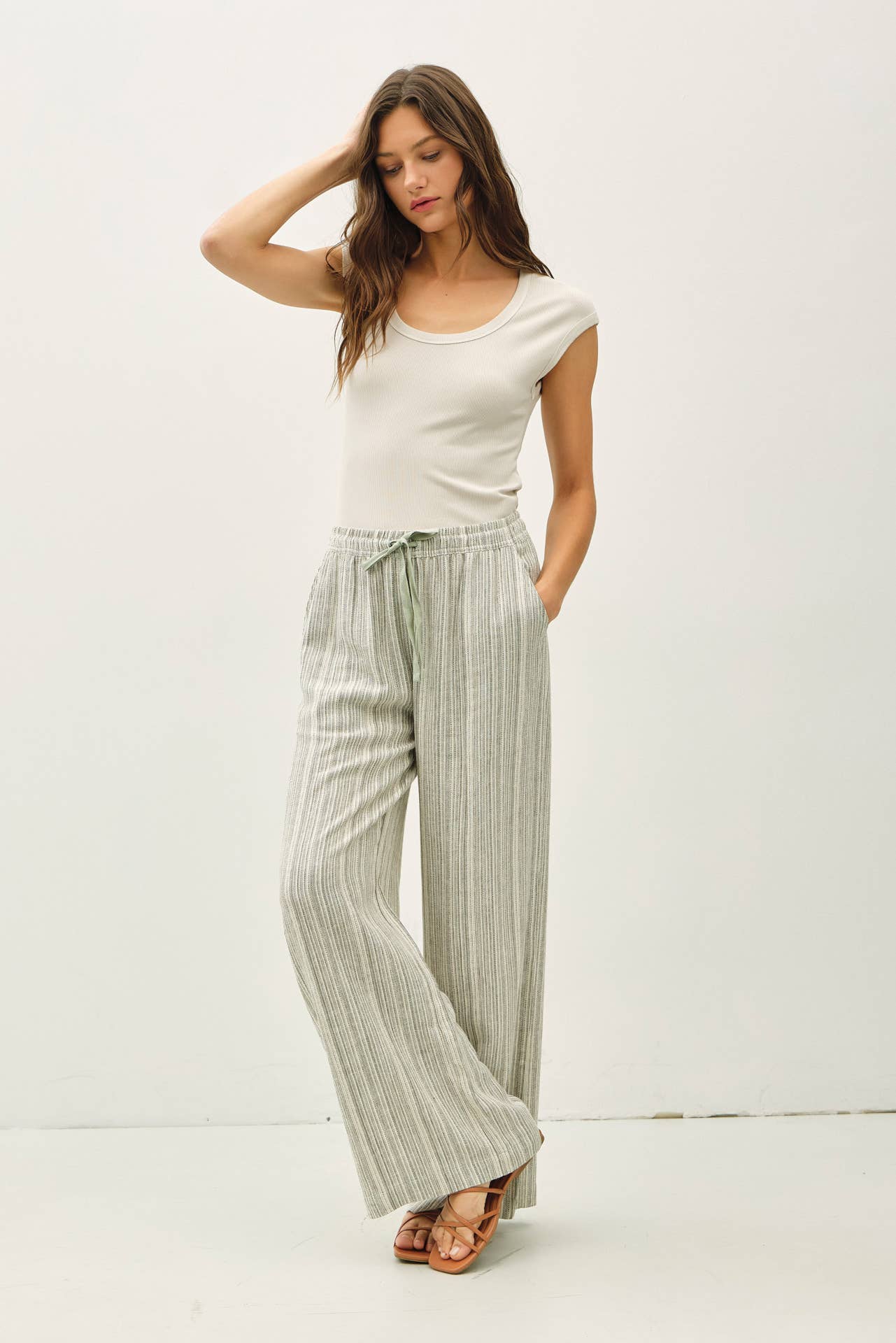 STRIPED LINEN WIDE LEG PANTS