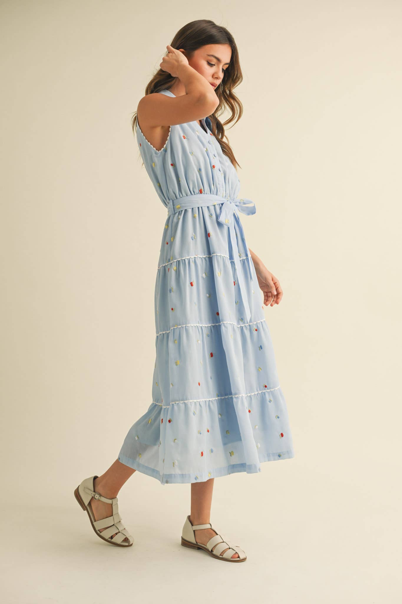 &MERCI - BUTTON DOWN EMBROIDERED MIDI DRESS MDR3592: Black Multi / M