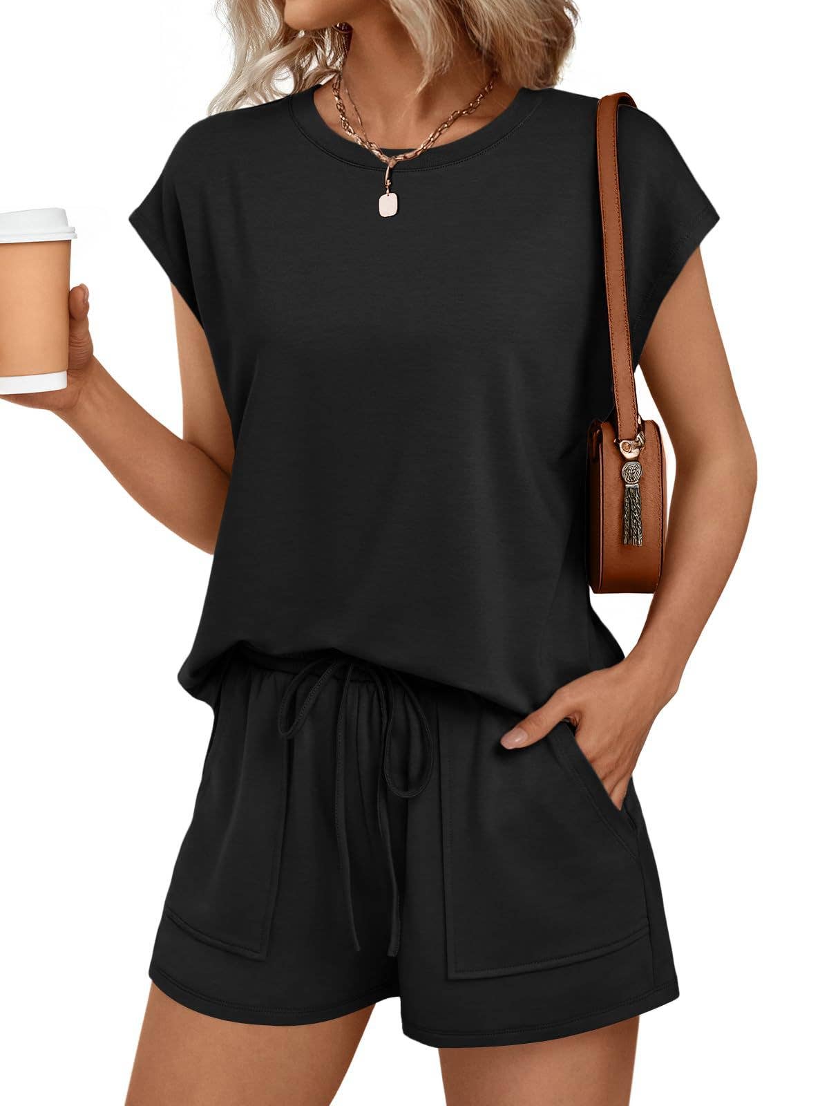 Suhkasana - Casual Lounge Set Cap Sleeve Top Drawstring Shorts