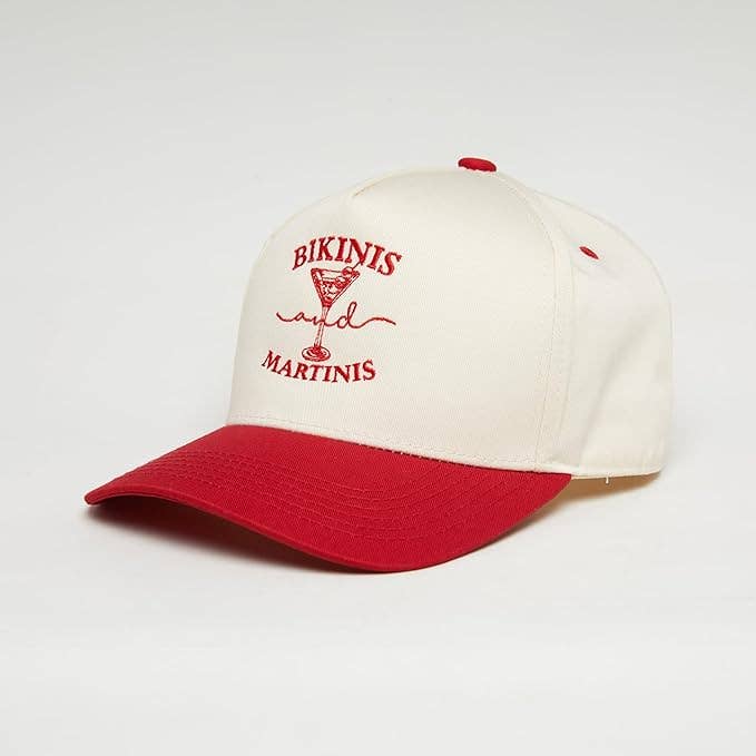 Funky Junque - 2-Tone Embroidered Cap - Bikinis and Martinis - Red/Beige