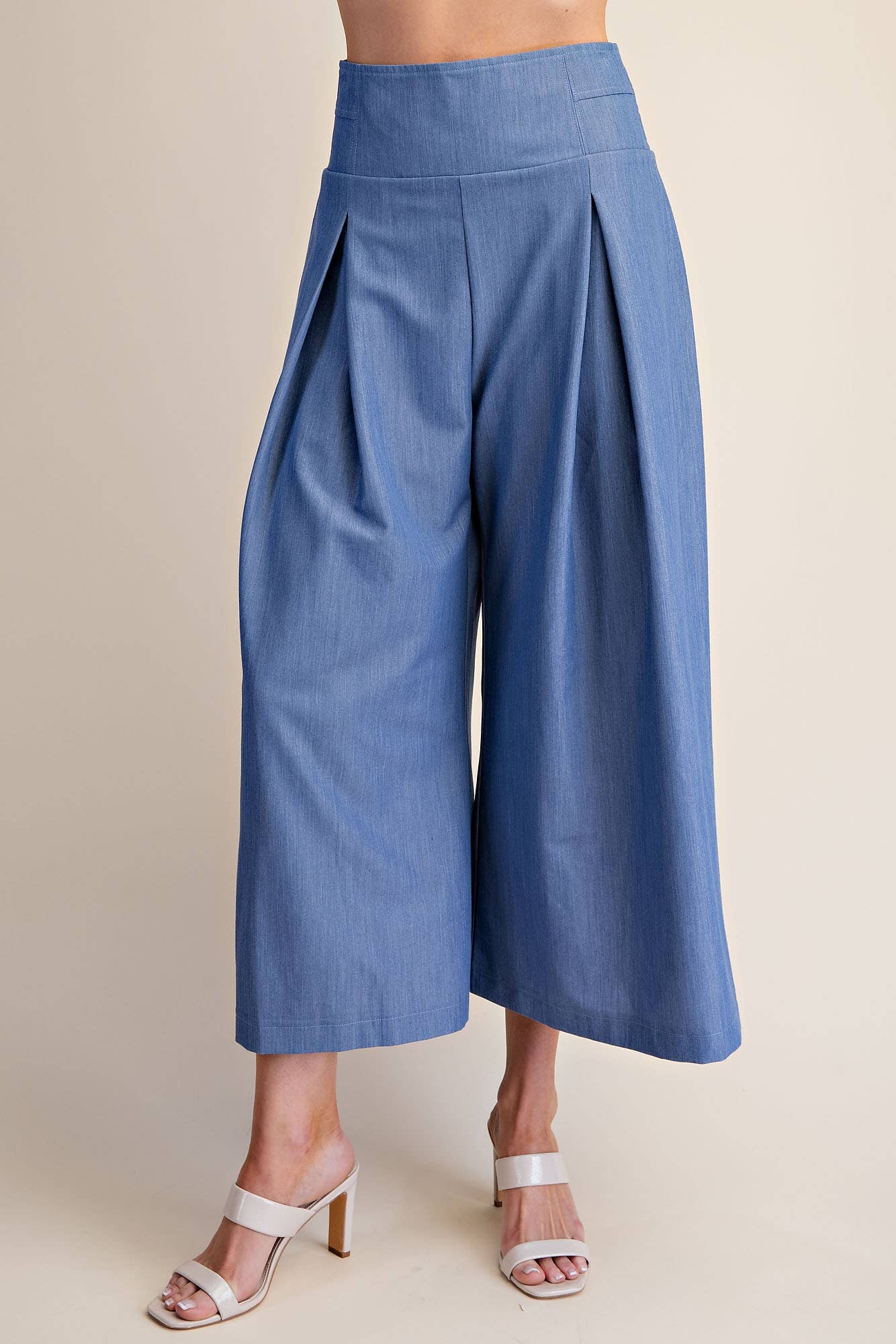 Glam - Wide Leg Pleated Crop Pants High Waist Band