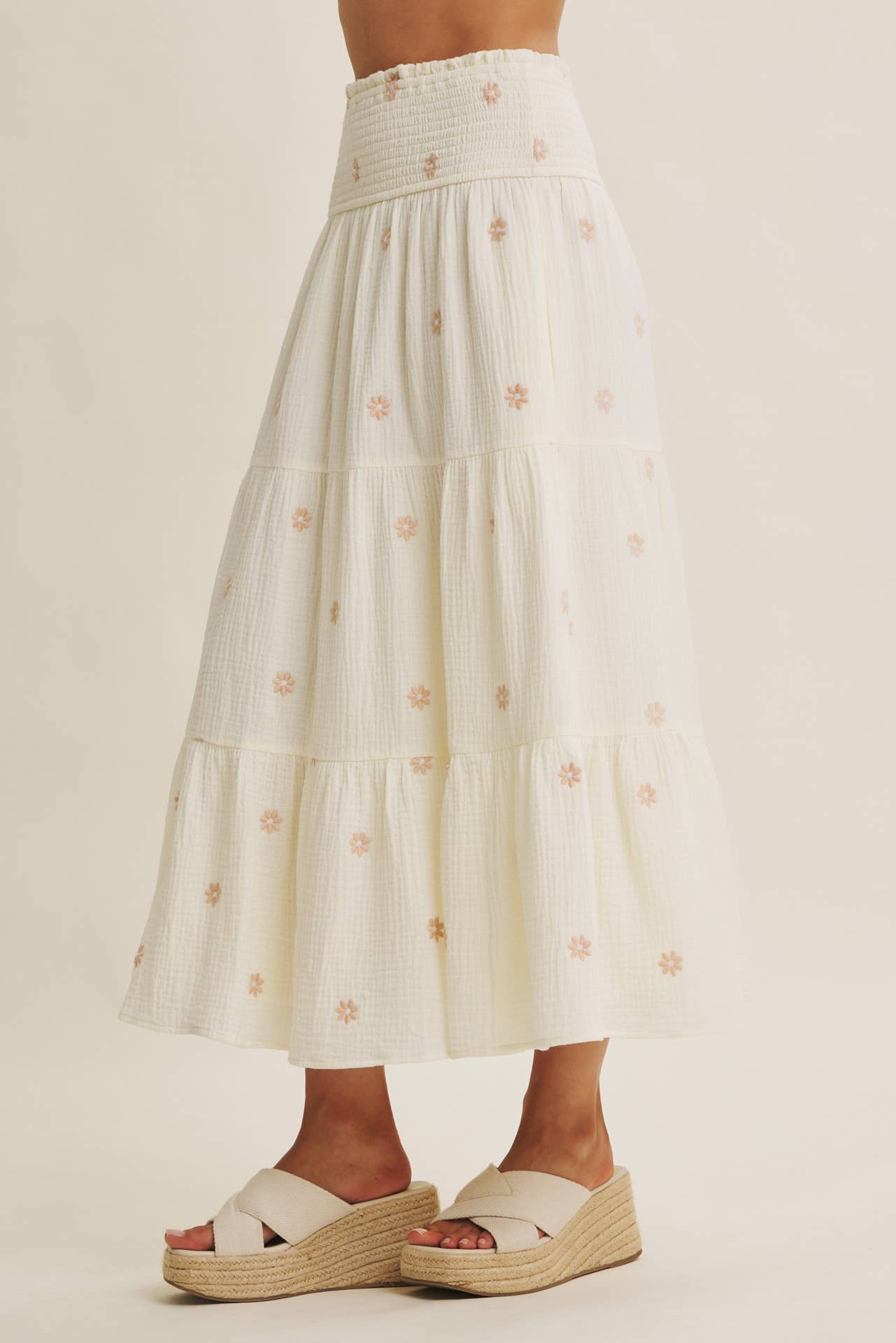 in february - SUNSET FIELD EMBROIDERED COTTON GAUZE SMOCKED MIDI SKIRTS