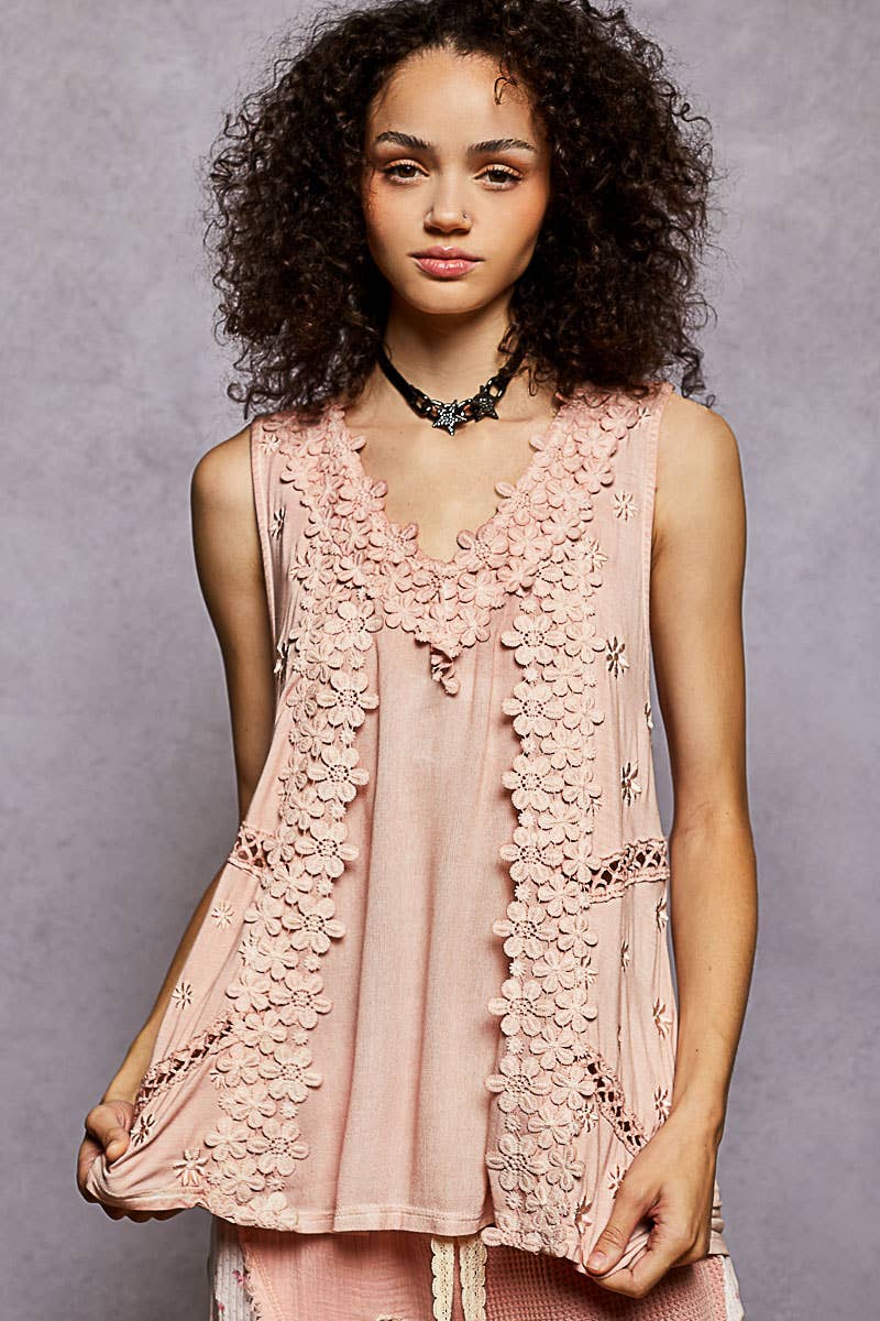 Pol Clothing - Sleeveless contrast floral lace crochet detail v-neck top