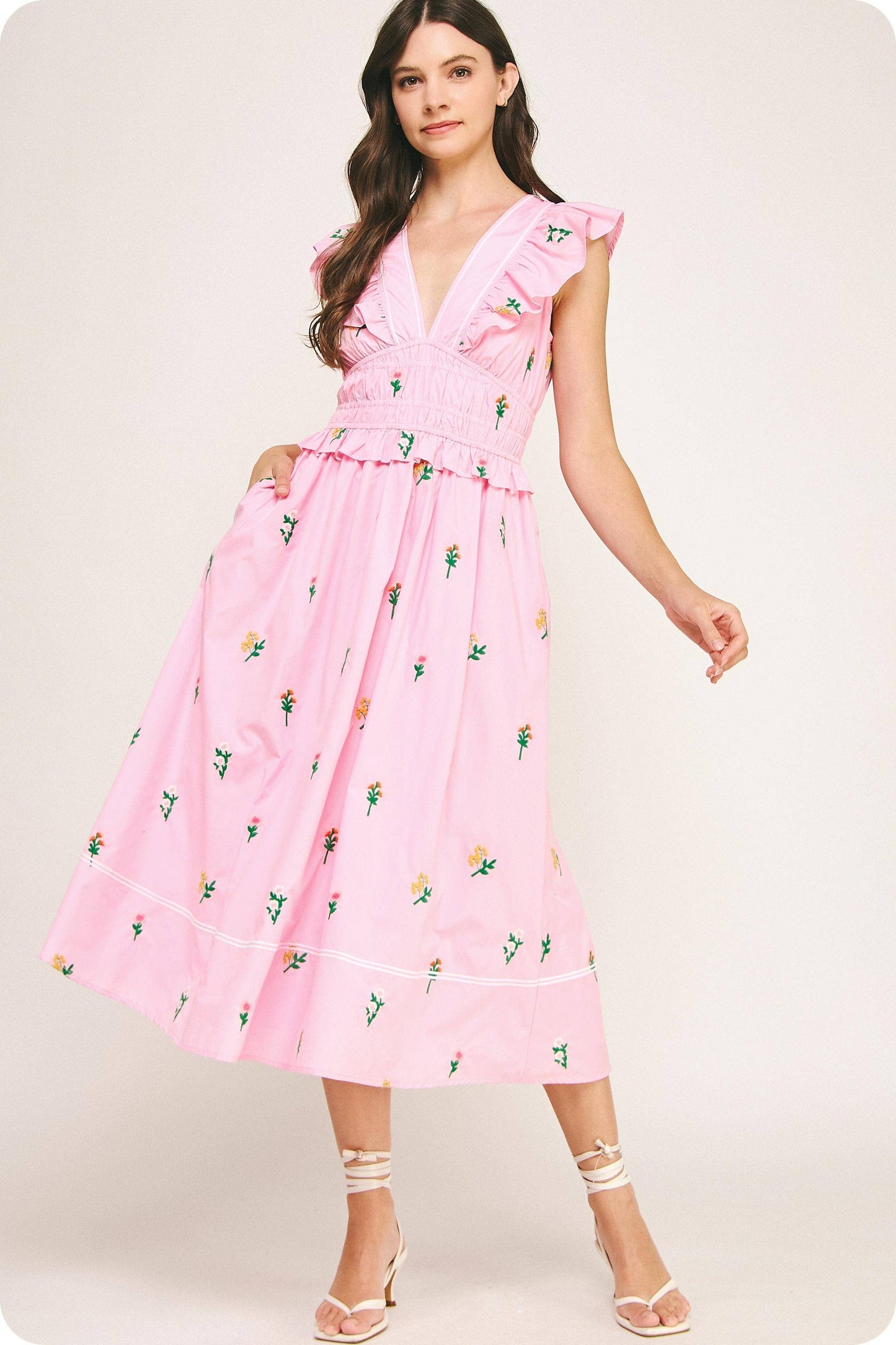 Strut & Bolt - Flower Bouquet Embroidery Midi Dress