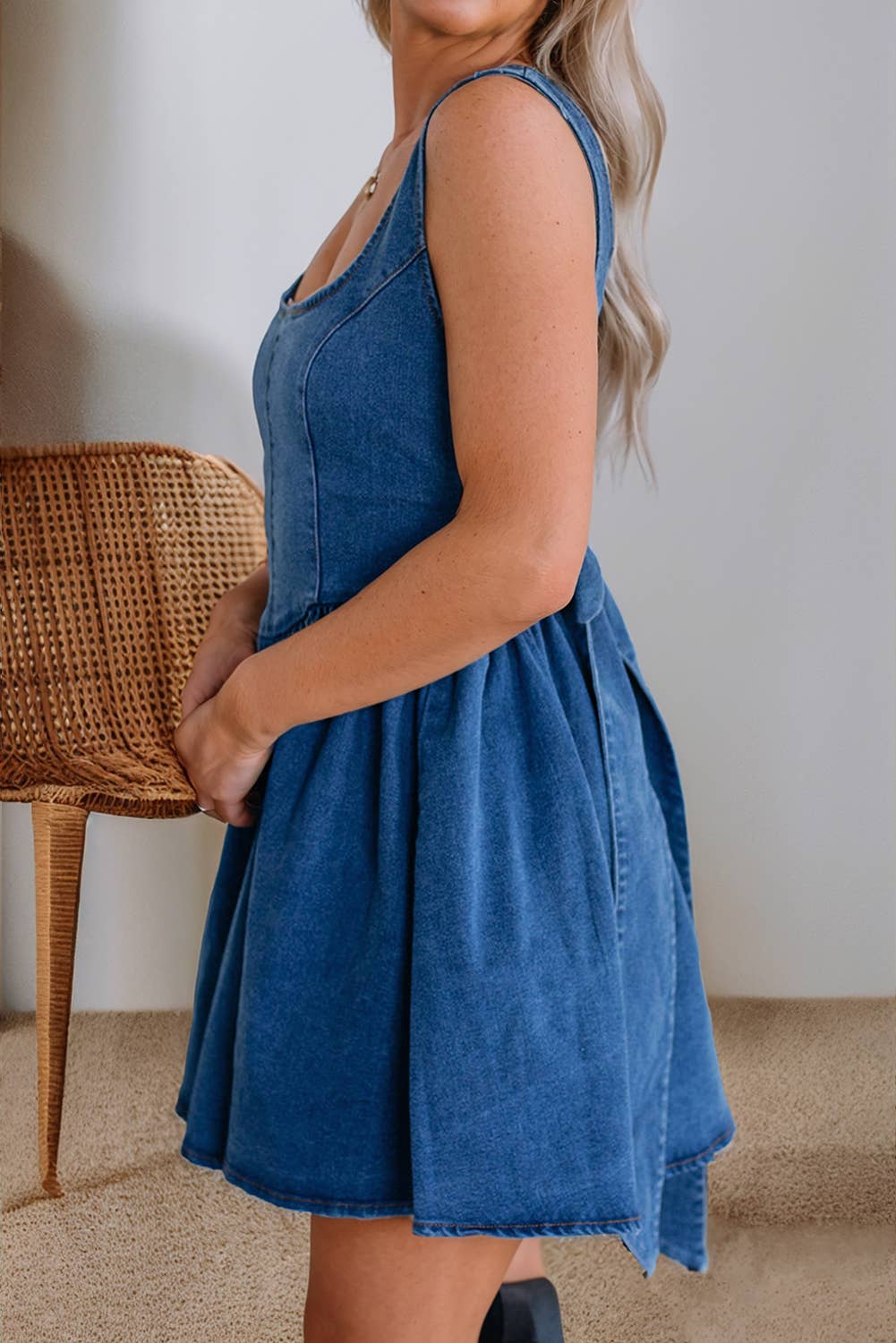 Little Daisy Closet -  LDC Square Neck Bowknot A-line Sleeveless Denim Dress