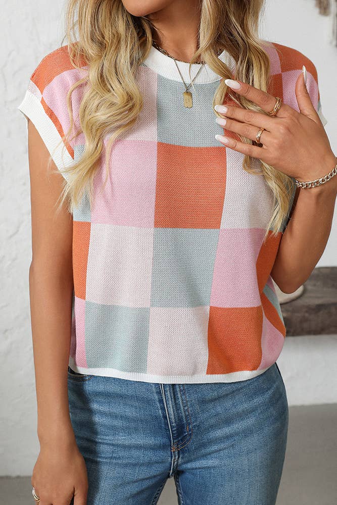 UNISHE - Cropped Color Block Crewneck Knit Checkerboard Sweater MD167