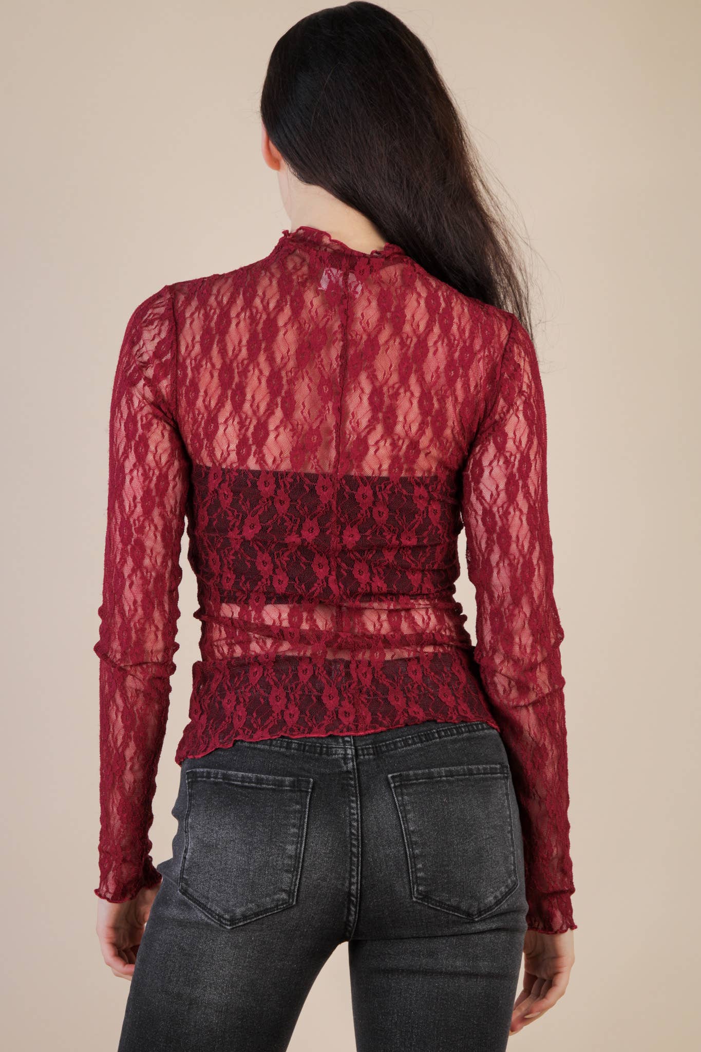 VERY J - NT12220-High Neck Fitted Sheer Mesh Lace Knit Top