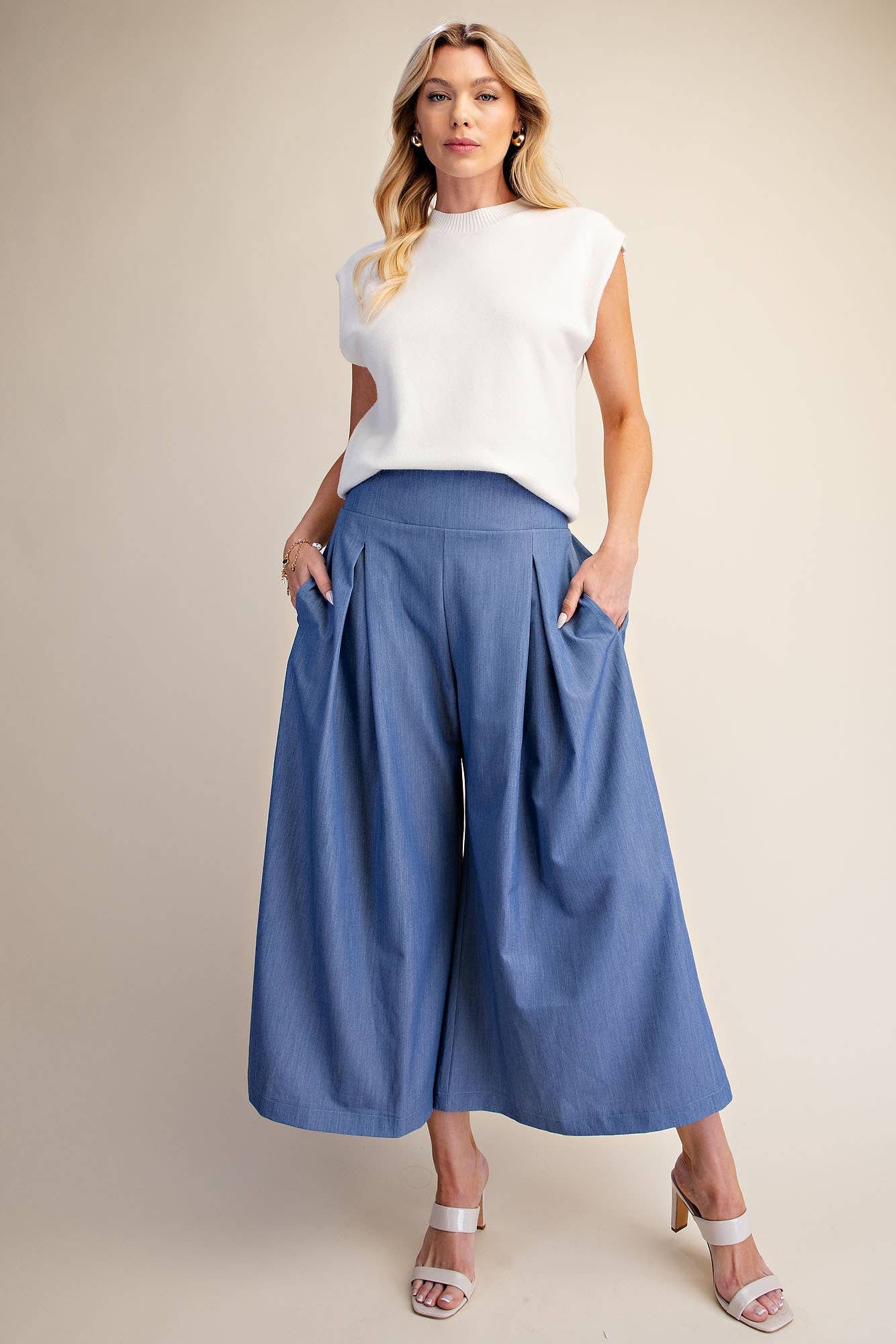 Glam - Wide Leg Pleated Crop Pants High Waist Band