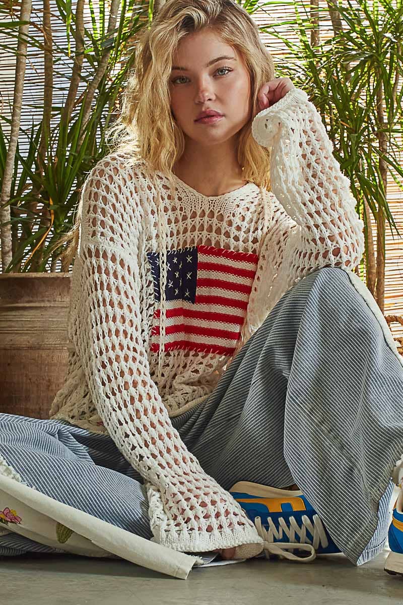 Long sleeve American flag hoodie thin sweater top SALE: SKY BLUE