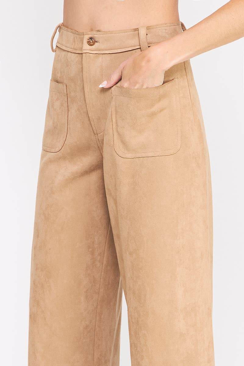 Camel Suede Wide Leg Scallop Pants