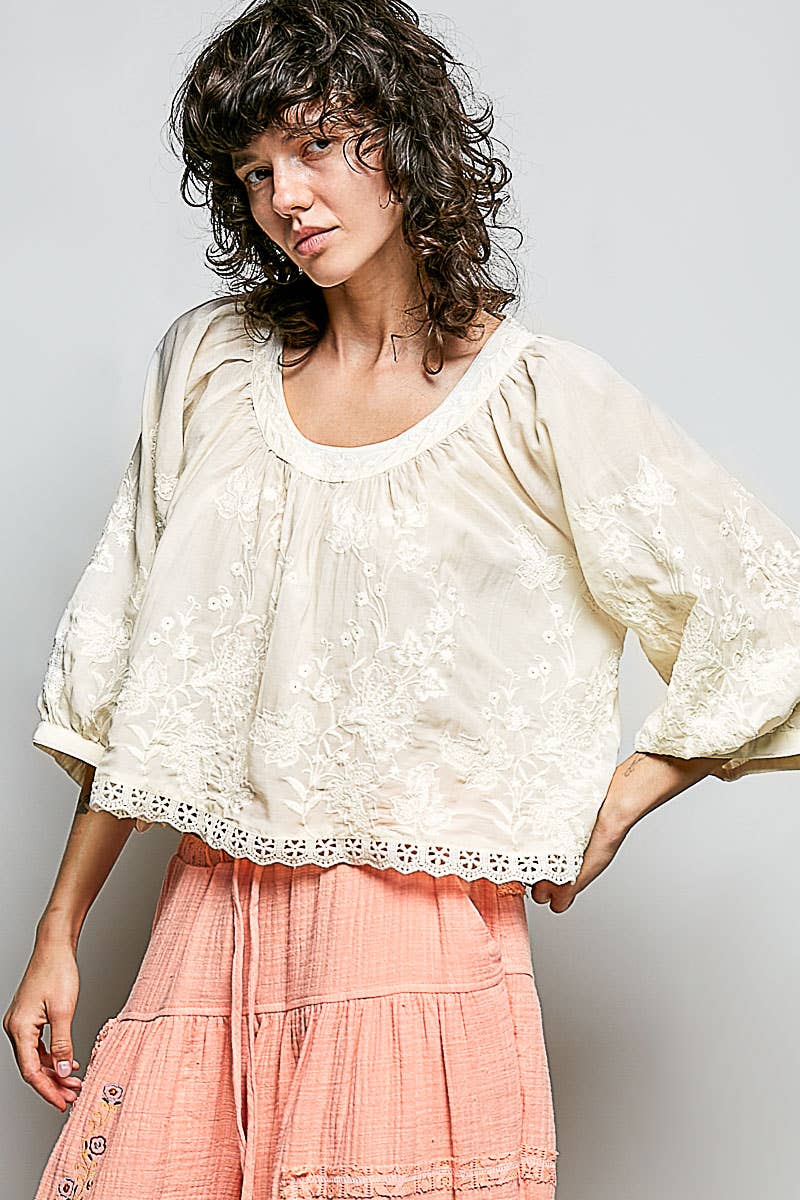 Floral Embroidered Lace Hem Boho Blouse