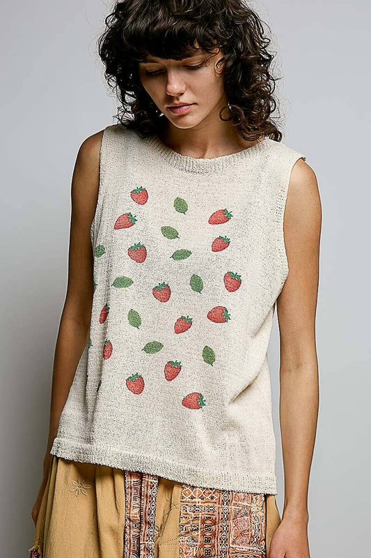 Strawberry Print Thin Sweater Sleeveless Top