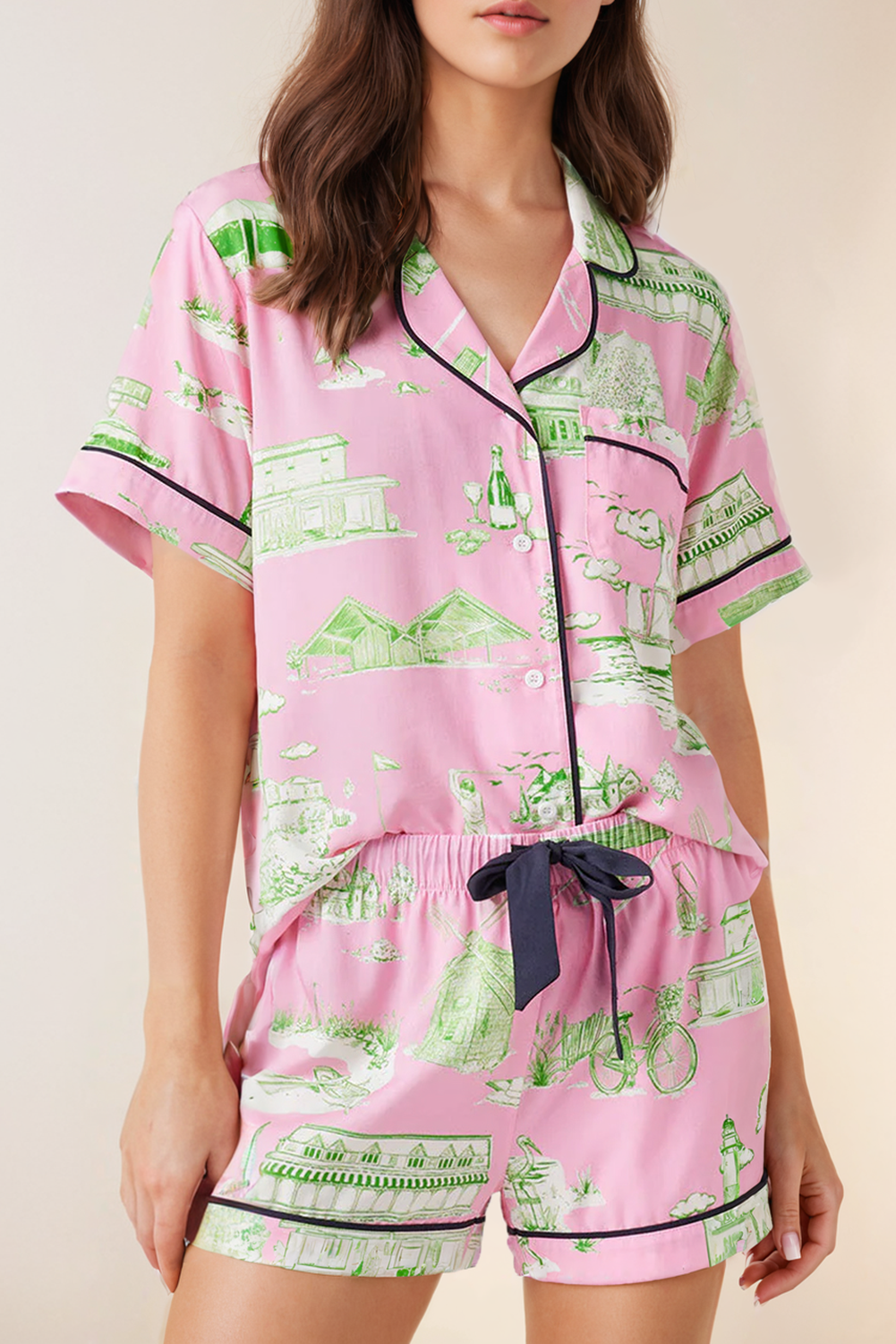 Short Sleeve Shirt and Drawstring Shorts Pajama Set: Pink / Missy