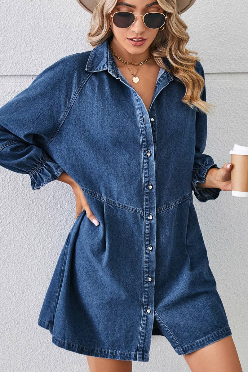 Lily Clothing - Loose wash long sleeve denim single breasted short dress