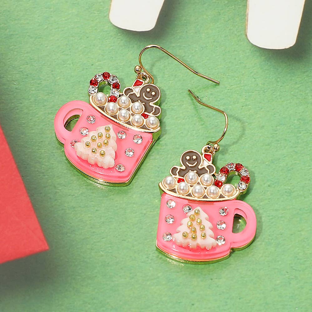 Sensibling Corp. - Gingerbread Man Pearl Bubble Holiday Cocoa Mug Dangle Earrings