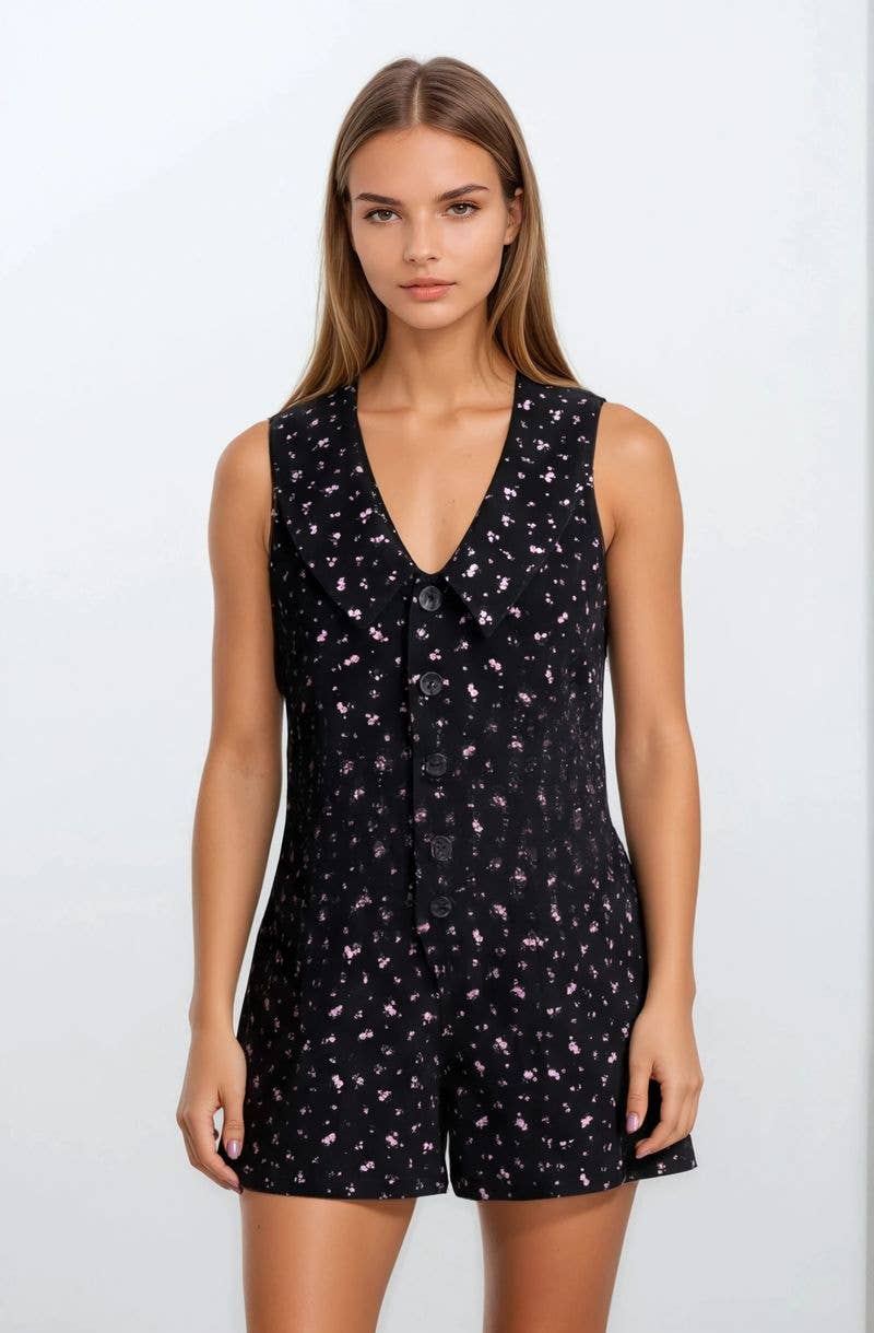 Chambray Floral Button-Front Sleeveless Romper