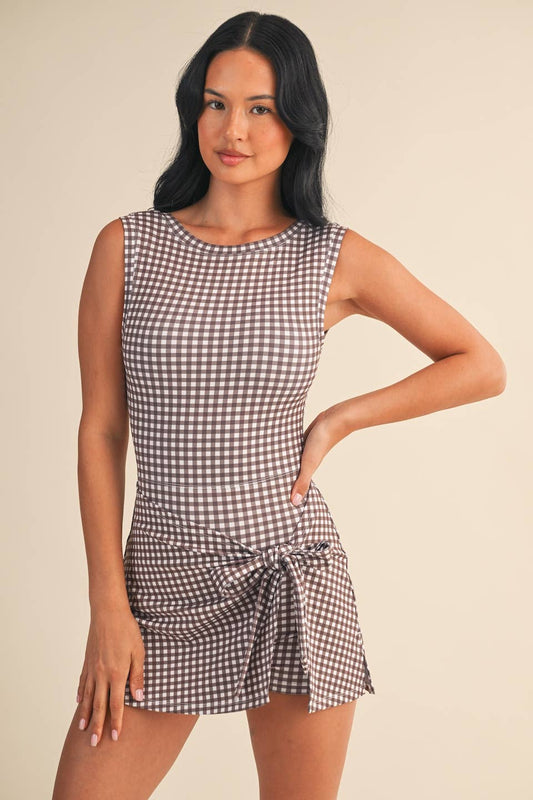 KIMBERLY C - Gingham Print Sleeveless Wrap Tie Front Dress