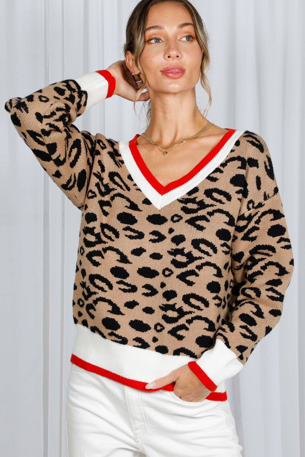 Vine & Love - Leopard Pattern V-Neck Contrast Rib Knitted Sweater VT82601