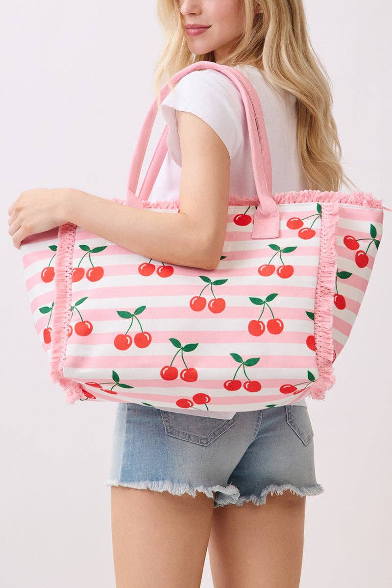 Cherry Crush Fringe Pink Striped Tote