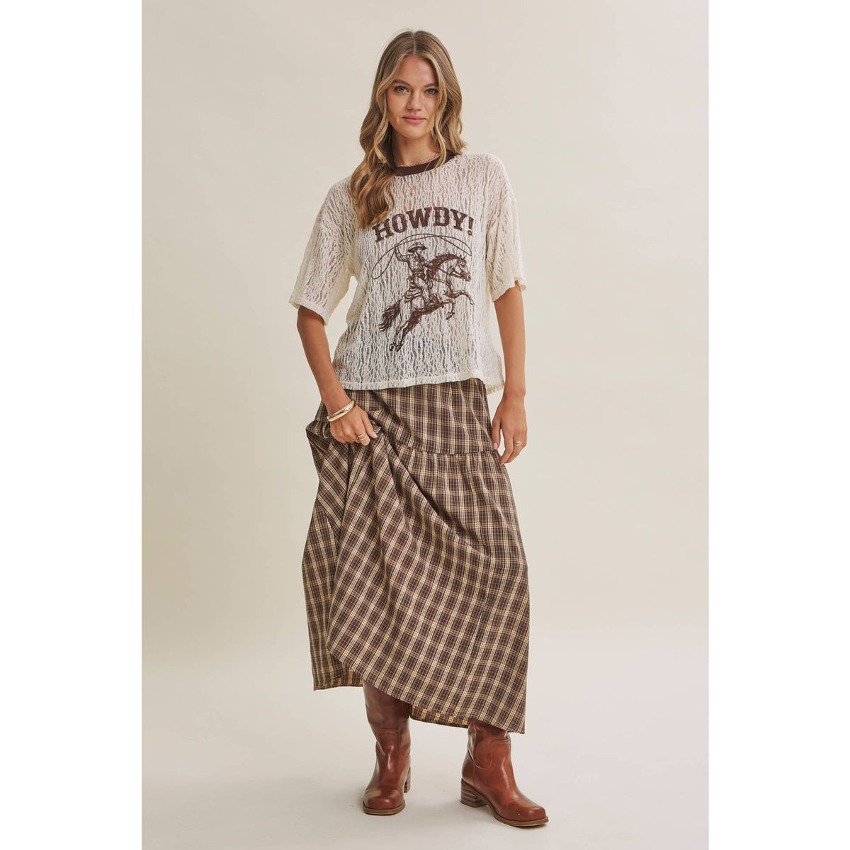 in february - WESTERN INSPIRED HOWDY COWBOY GRAPHIC SHEER LACE TOP