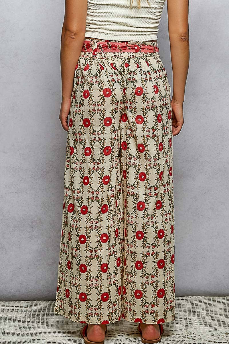 Pol Clothing - Waist Belt Floral Pattern Straight Fit Pants