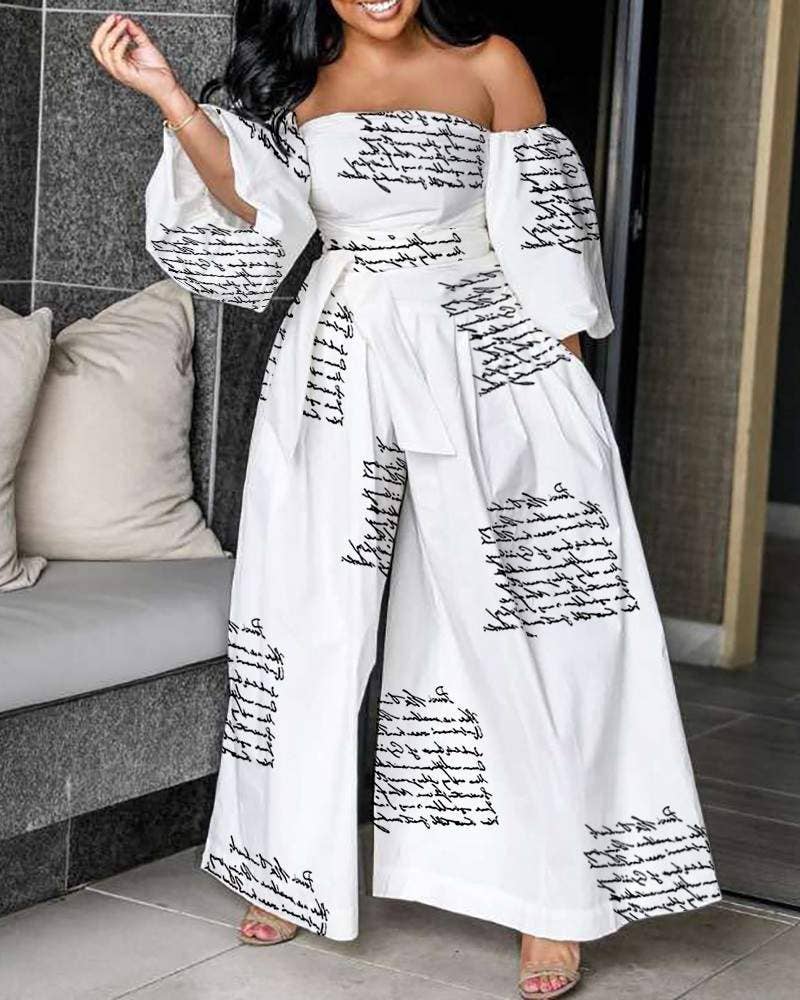 Queen Fashion - Off shoulder lantern sleeve wide leg jumpsuit