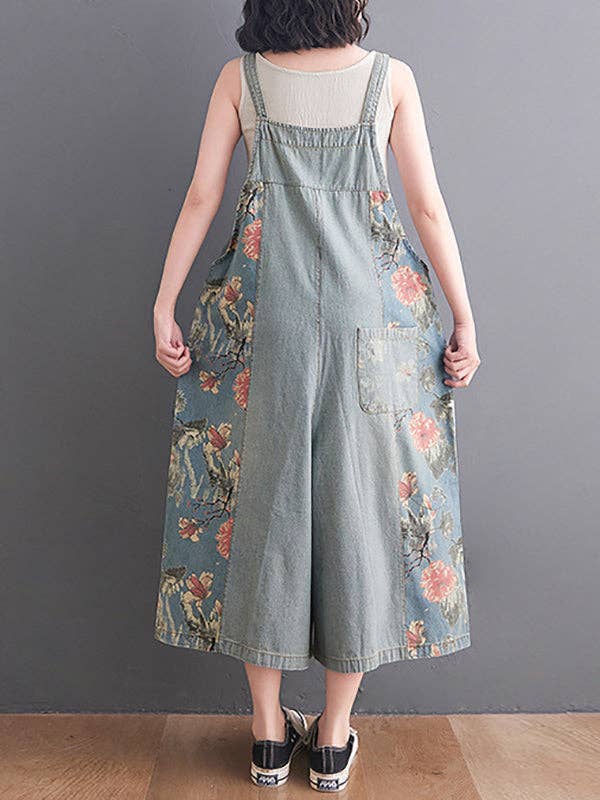 Oversize Wide Leg Floral Printed Split-Joint Overalls: DEEP BLUE / XL