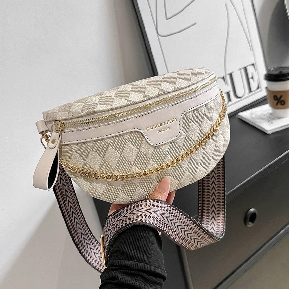 ACCITY - Checkered Chain Strap PU Crossbody Chest Bag_CUAB00597