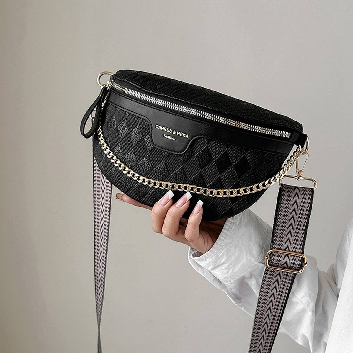 ACCITY - Checkered Chain Strap PU Crossbody Chest Bag_CUAB00597