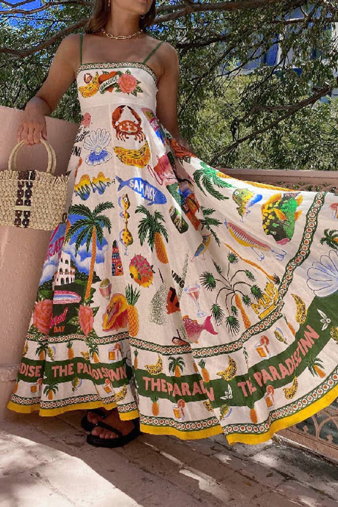 UNISHE - Tropical Summer Print Square Neck Maxi Slip Dress JRM053