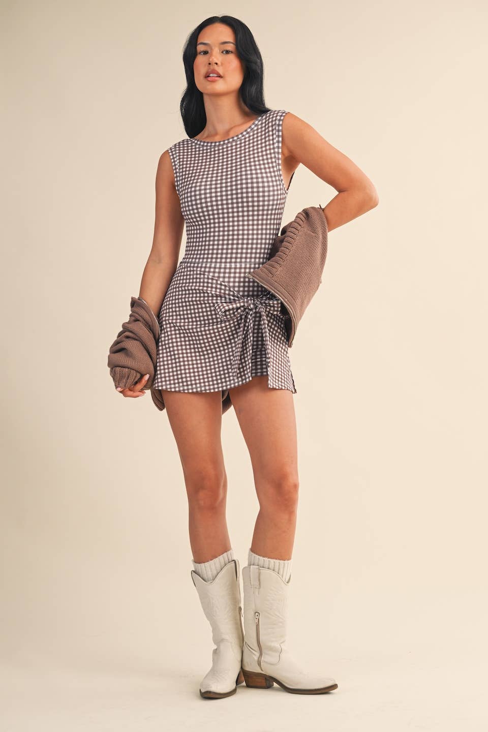 KIMBERLY C - Gingham Print Sleeveless Wrap Tie Front Dress